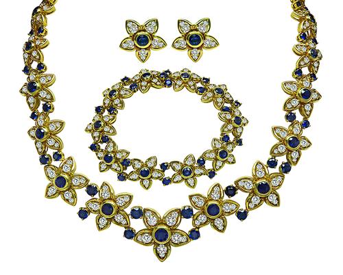 Round Cut Diamond and Sapphire 18k Yellow Gold Jewelry Set by Kurt Wayne