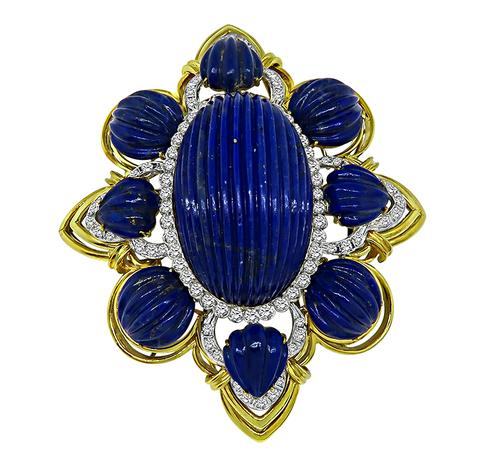 1960s Round Cut Diamond Lapis 18k Yellow and White Gold Pin / Pendant