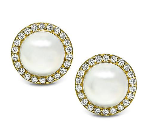 Round Cut Diamond Mabe Pearl 18k Yellow Gold Earrings