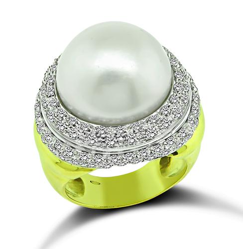Round Cut Diamond Mabe Pearl 18k Yellow and White Gold Ring