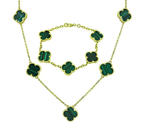 10k Yellow Gold Malachite VCA Alhambra Style Jewelry Set