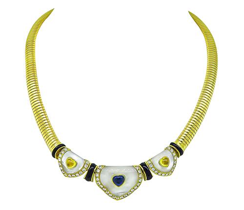Round Cut Diamond Mother of Pearl Heart Shape Sapphire and Citrine Onyx 18k Yellow Gold Heart Necklace