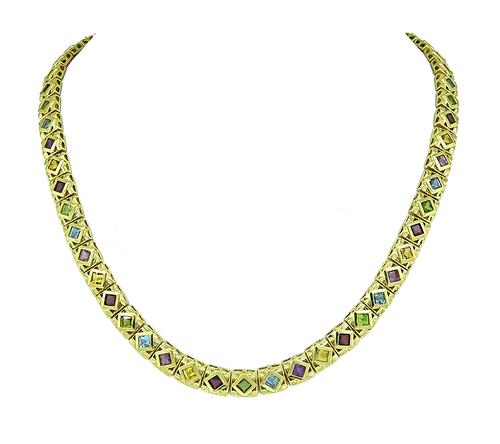 Square Cut Multi Color Gemstone 14k Yellow Gold Necklace