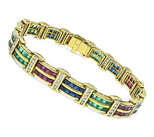 Round Cut Diamond Square Cut Sapphire Ruby and Emerald 18k Yellow Gold Bracelet