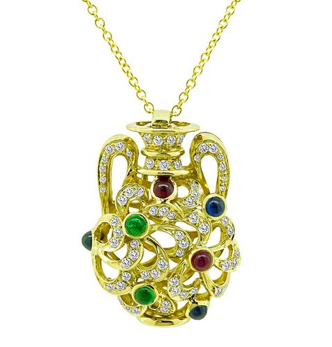 Round Cut Diamond Cabochon Precious Gemstone 18k Yellow Gold Pendant Necklace