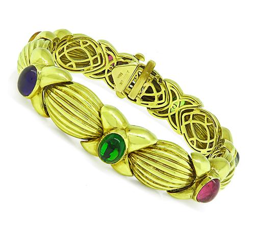 Cabochon Multi Color Gemstone 18k Yellow Gold Bracelet