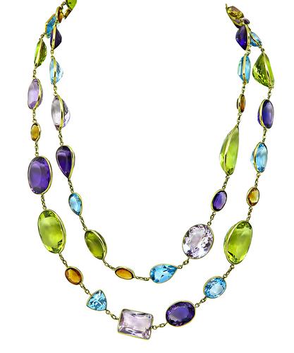Cushion Pear Oval and Emerald Cut Multi Color Gemstone 18k Yellow Gold Necklace