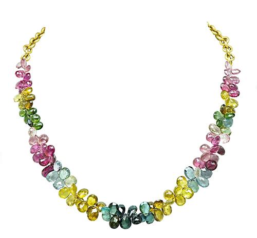 Pear Shape Multi Color Gemstone 18k Yellow Gold Necklace