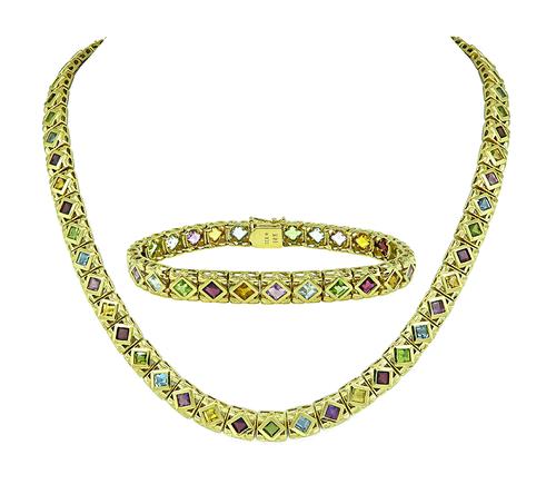 Square Cut Multi Color Gemstone 14k Yellow Gold Bracelet and Necklace Set