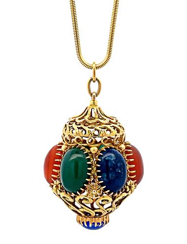 Cabochon Multi Color Gemstone 14k Yellow Gold Pendant Necklace