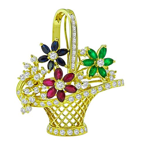Round and Carre Cut Diamond Marquise Cut Emerald Ruby and Sapphire 18k Yellow Gold Basket Pin