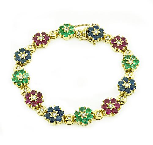 Round Cut Diamond Emerald Sapphire and Ruby 18k Yellow Gold Bracelet