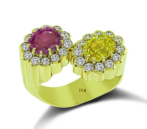 Oval Cut Pink and Yellow Sapphire Round Cut Diamond 18k Yellow Gold Ring