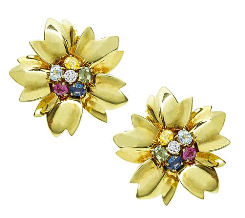 Oval Cut Sapphire Round Cut Diamond 18k Yellow Gold Flower Earrings