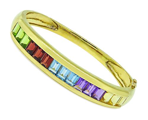 Emerald Cut Semi Precious Gemstone 14k Yellow Gold Bangle