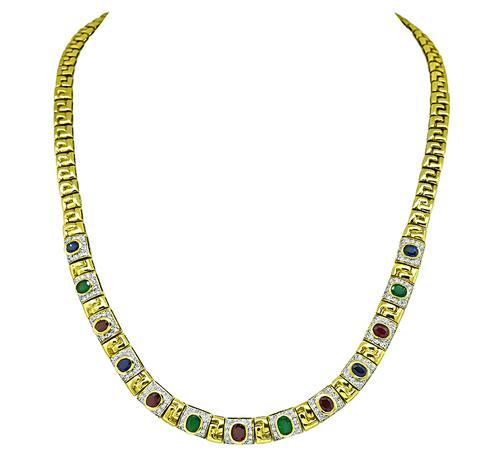 Oval Cut Sapphire Emerald and Ruby Round Cut Diamond 18k Yellow and White Gold Necklace