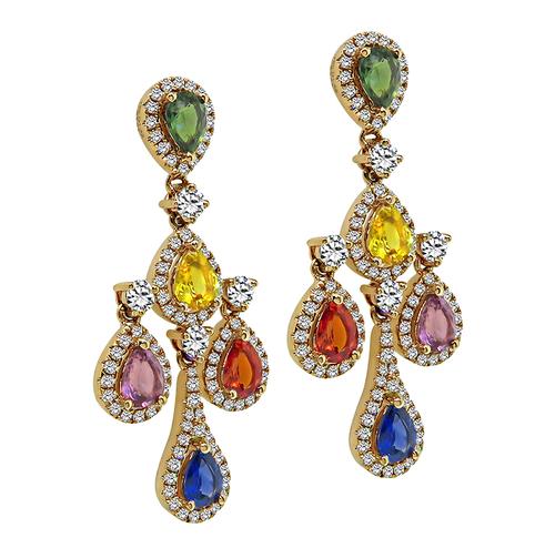 Pear Shape Multi Color Sapphire Round Cut Diamond 18k Rose Gold Earrings