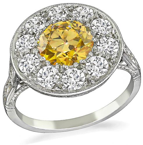 Round Cut Fancy Orange Brown Diamond Old Mine Cut Diamond Platinum Ring