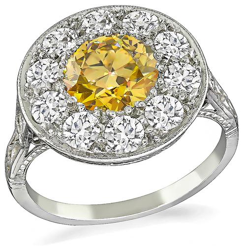 Round Cut Fancy Orange Brown Diamond Old Mine Cut Diamond Platinum Ring