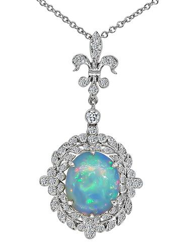 Cabochon Opal Round Cut Diamond 18k White Gold Pendant Necklace