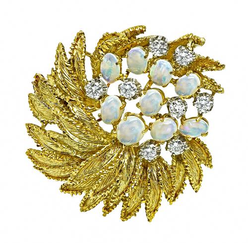 Round Cut Diamond Cabochon Opal 18k Yellow Gold Pin
