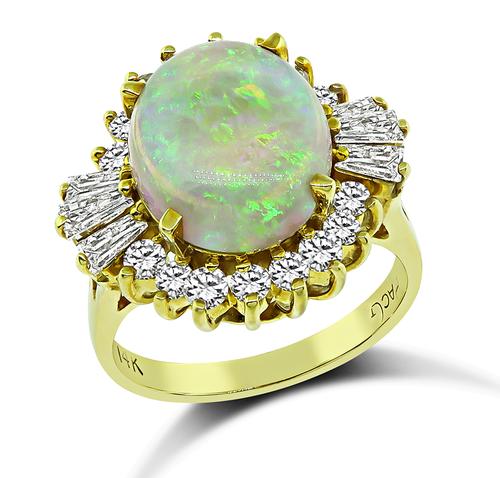 Cabochon Opal Round and Baguette Cut Diamond 14k Yellow Gold Ring