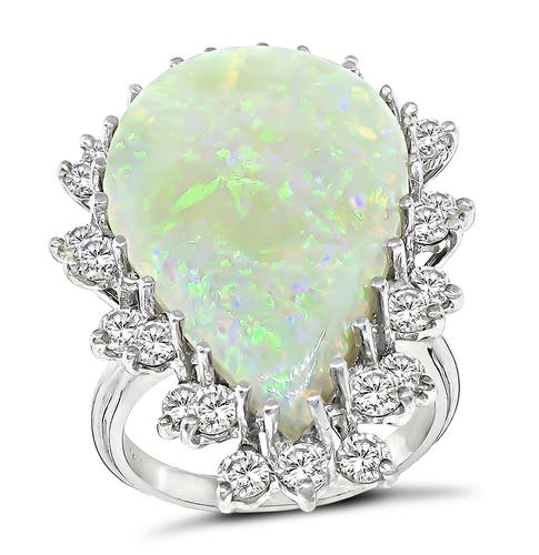 Vintage Pear Shape Opal Round Cut Diamond 14k White Gold Ring