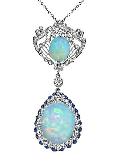 Cabochon Opal Round Cut Diamond Fan Shape Sapphire 18k White Gold Pendant