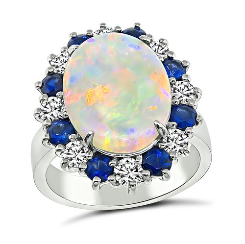 Cabochon Opal Round Cut Diamond and Sapphire Platinum Ring