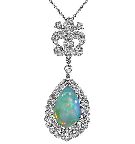 Pear Shape Opal Round Cut Diamond 18k White Gold Pendant Necklace