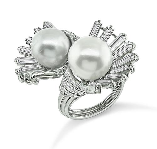 1950s Baguette Cut Diamond Pearl Platinum Ring