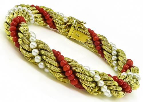 Vintage 18k Yellow Gold Pearl Coral Bracelet