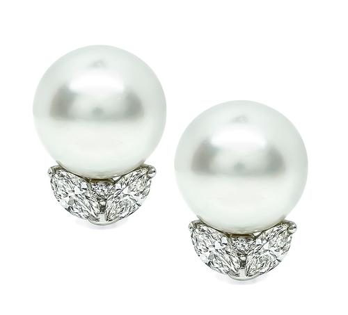 Marquise Cut Diamond Platinum Pearl Earrings