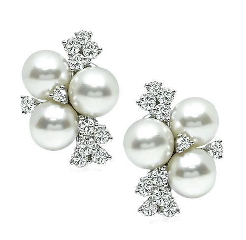 Round Cut Diamond Pearl 14k White Gold Earrings