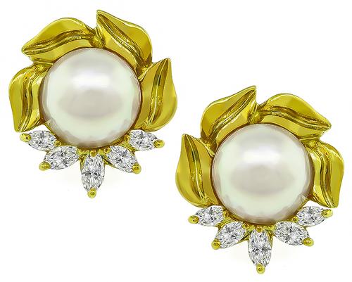 Marquise Cut Diamond Pearl 18k Yellow Gold Earrings