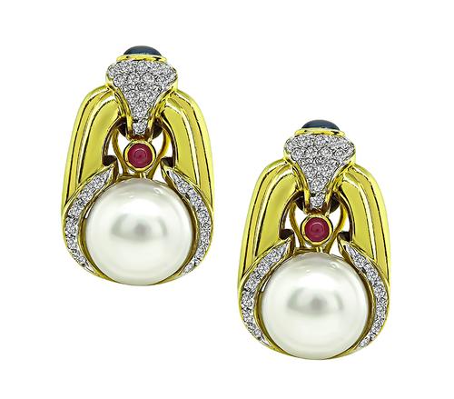 Round Cut Diamond Pearl 18k Yellow Gold Earrings