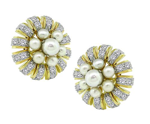 Vintage Round Cut Diamond Pearl 18k Yellow Gold and Platinum Earrings