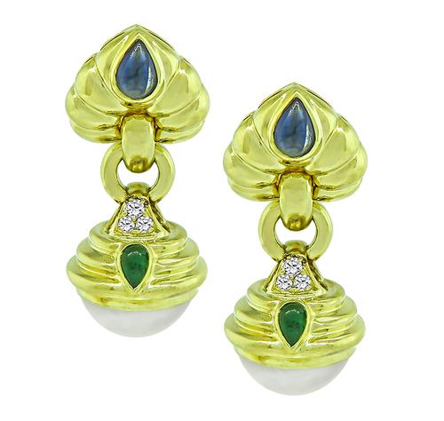Pear Shape Sapphire and Emerald Round Cut Diamond Pearl 18k Yellow Gold Dangling Earrings