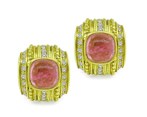 Cabochon Pink Tourmaline Round Cut Diamond 18k Yellow Gold Earrings