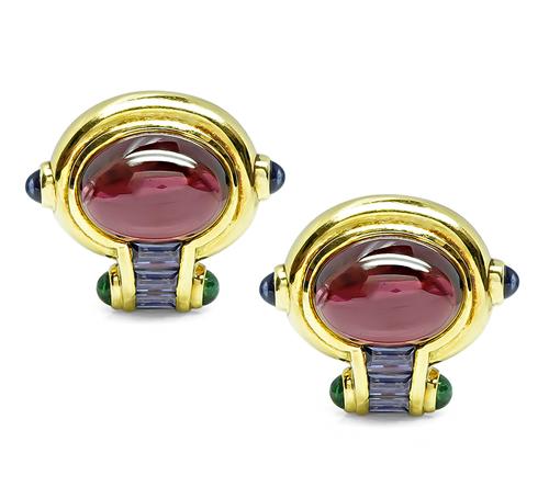 Cabochon Pink Tourmaline Baguette and Cabochon Cut Iolite 18k Yellow Gold Earrings
