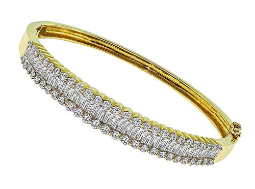 Round and Baguette Cut Diamond 14k Yellow Gold Bangle