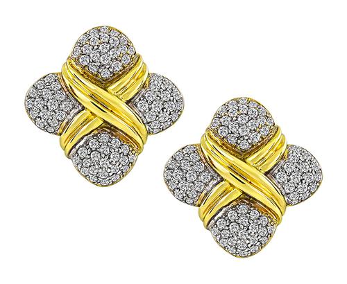 Round Cut Diamond 18k Yellow and White Gold Earrings