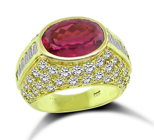 Oval Cut Rubellite Baguette and Round Cut Diamond 18k Yellow Gold Ring