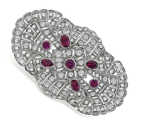 Oval and Round Cut Rubellite Rose and Old Mine Cut Diamond Platinum Pin