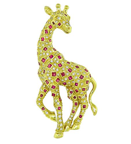 Square Cut Ruby Round Cut Diamond 18k Yellow Gold Giraffe Pin/Pendant