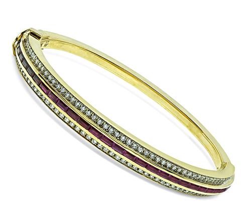 Round Cut Diamond Baguette Cut Ruby 18k Yellow Gold Bangle