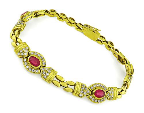 Oval Cut Ruby Round Cut Diamond 18k Yellow Gold Bracelet