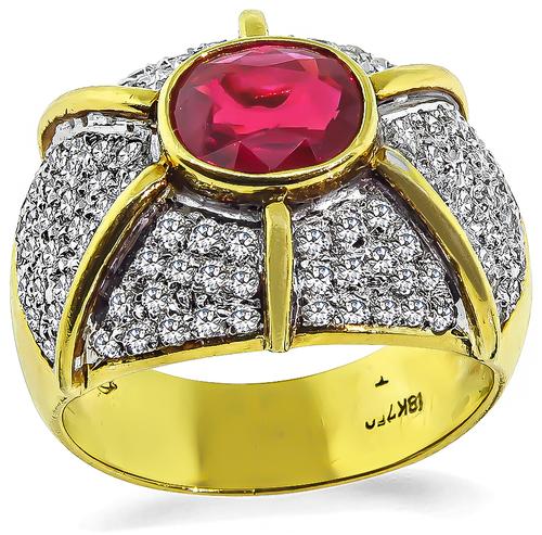 Cushion Cut Ruby Round Cut Diamond 18k Yellow Gold Cocktail Ring