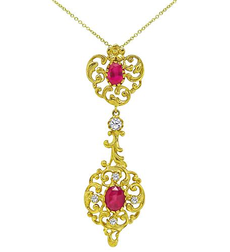 Oval Cut Ruby Old Mine Cut Diamond 18k Yellow Gold Pendant Necklace