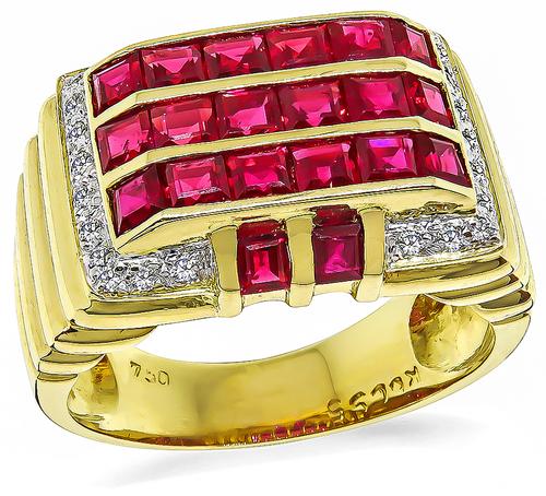 Square Cut Ruby Round Cut Diamond 18k Yellow Gold Ring